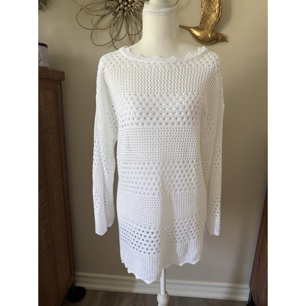 Cupshe Scalloped Neck Cut Out Crochet Cover Up Sweater White Medium
